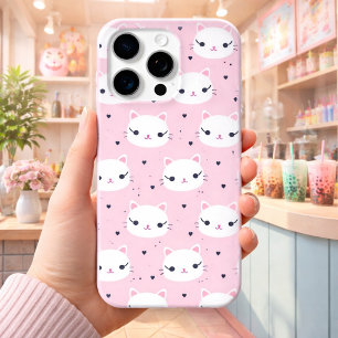Funda Para iPhone 15 Pro Max Caras de gato Kawaii con corazones – Patrón rosa l