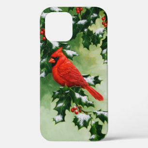 Funda Para iPhone 12 Cardenal Rojo Macho del Norte y Rama de Acebo