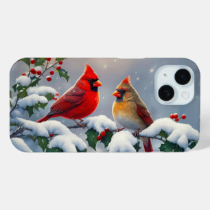 Funda Para iPhone 15 Cardenales rojos y acebo en la nieve