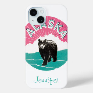 Funda Para iPhone 15 Cartel de viaje vintage, oso negro de Alaska en la