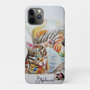 Funda Para iPhone 11 Pro Cartera para damas de gato atigrado arte acuarela