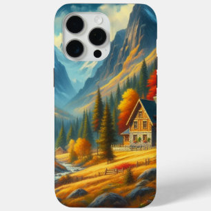 Funda Para iPhone 15 Pro Max Casa de montaña rústica y río de otoño