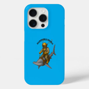 Funda Para iPhone 15 Pro Casco de buzo vintage montando un tiburón martillo