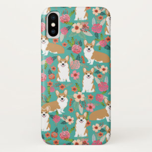 Funda Para iPhone X Caso floral del iPhone del Corgi - turquesa