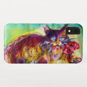 FUNDA PARA iPhone XR CAT CON RIBÓN ROJO Y FLORES