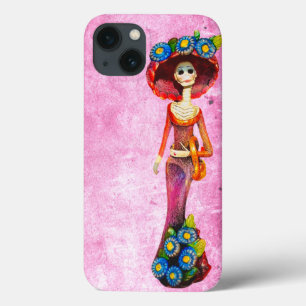 Funda Para iPhone 13 Catrina Con Vestido Rojo Y Flores Azules Sobre Lav