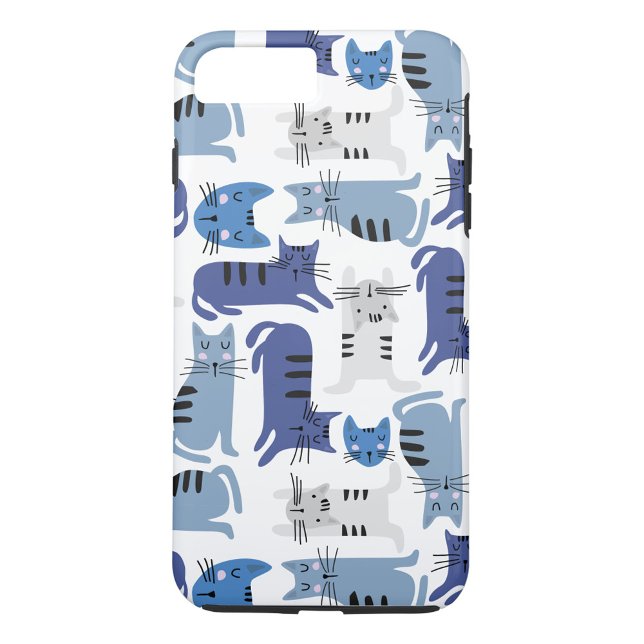 Funda De Case-Mate Para iPhone Cats azules (A phone case with a pattern of cartoon cats in various shades of blue and gray on a white background)