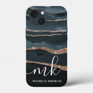 Funda Para iPhone 13 Mini Caza Granito Mármol Textura Dorada Iniciales Perso