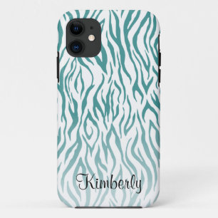 Funda Para iPhone 11 Cebra de monograma patrón de animal turquesa
