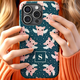 Funda Para iPhone 15 Cerdos Voladores Estrellas Celestiales Monogramado