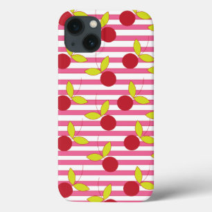 Funda Para iPhone 13 Cereza Roja Rosa y Raya Blanca