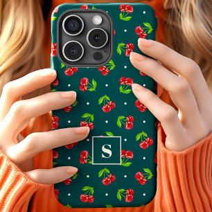 Funda Para iPhone 15 Cerezas Adorables con Lunares en Monograma Verde T