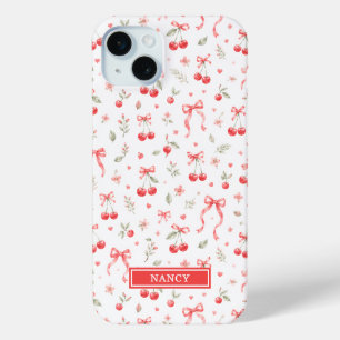 Funda Para iPhone 15 Mini Cerezas Con Lazos De Coqueta Rojos Monogramados