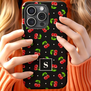 Funda Para iPhone 15 Cerezas Divertidas de Lunares Sobre Monograma Negr