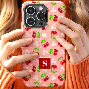 Funda Para iPhone 15 Cerezas Monograma Rosa Lunares Florales Lindos