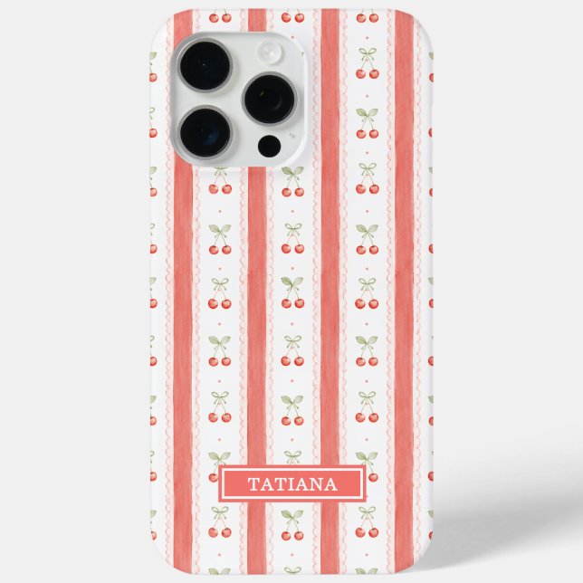 Funda De Case-Mate Para iPhone Cerezas Monogramadas con Acuarela Rayada (Reverso )