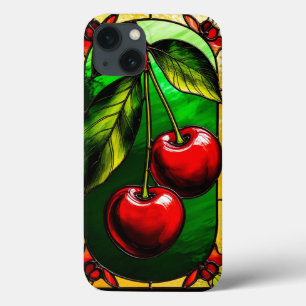 Funda Para iPhone 13 Cerezas Rojas Brillantes y Hojas Verdes
