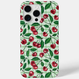 Funda Para iPhone 15 Pro Max Cerezas rojas en gingham verde claro