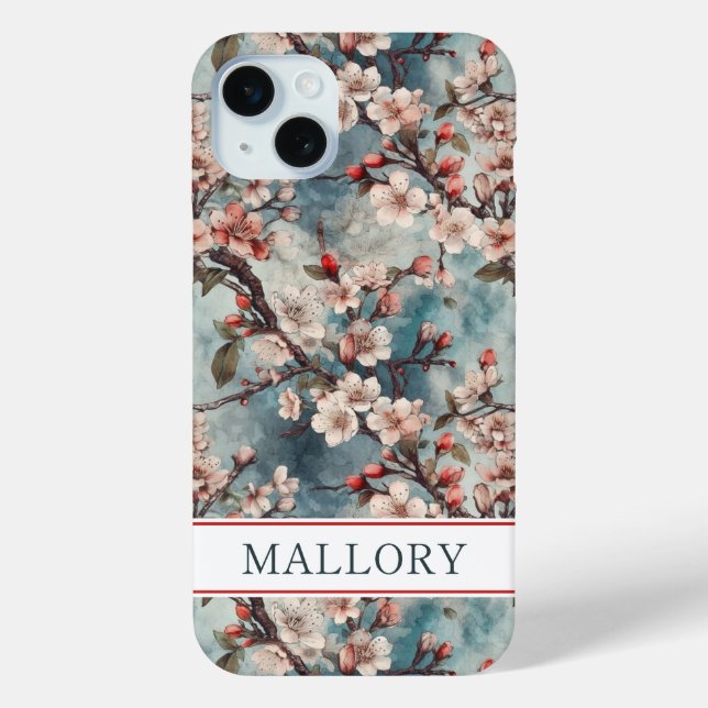 Funda De Case-Mate Para iPhone Cerezos Teal Sakura Estampado Monogramado (Reverso )