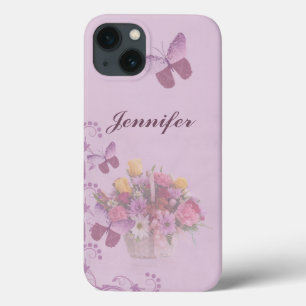 Funda Para iPhone 13 Cesta de flores y de mariposas, nombre