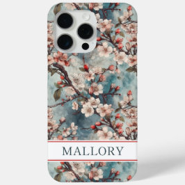 Funda Para iPhone 15 Pro Max Cherry Blossoms Teal Sakura Print Monogrammed