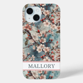 Funda Para iPhone 15 Cherry Blossoms Teal Sakura Print Monogrammed
