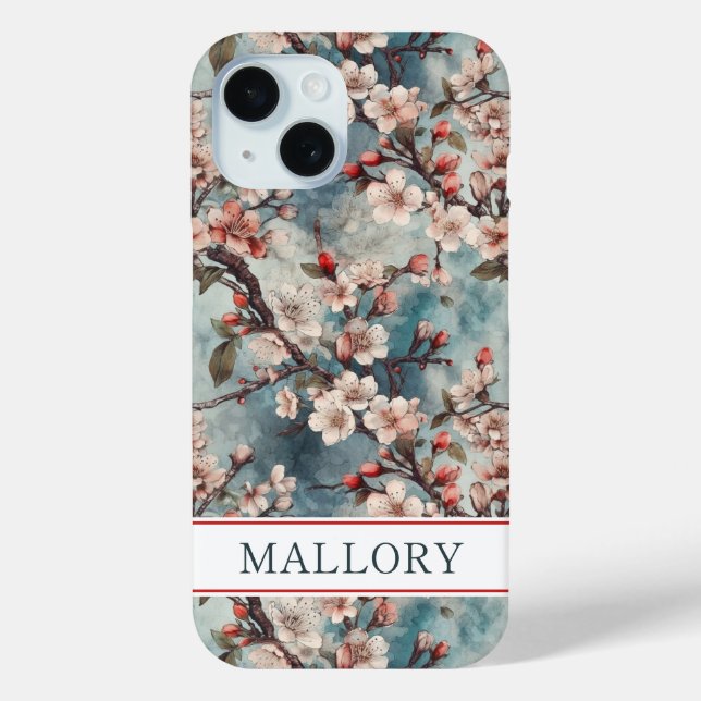 Funda De Case-Mate Para iPhone Cherry Blossoms Teal Sakura Print Monogrammed (Reverso )