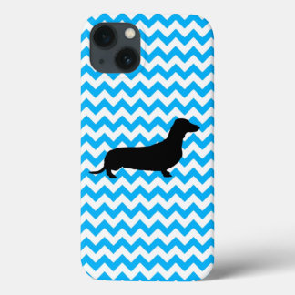 Funda Para iPhone 13 Chevron Azul Bebé Con Silhouette Dachshund
