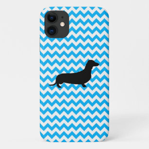 Funda Para iPhone 11 Chevron Azul Bebé Con Silhouette Dachshund