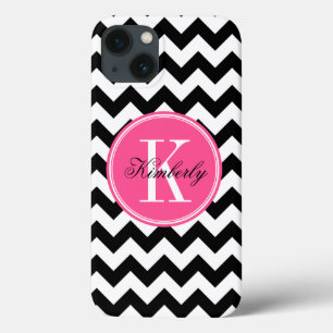 Funda Para iPhone 13 Chevron blanco y negro con el monograma rosado