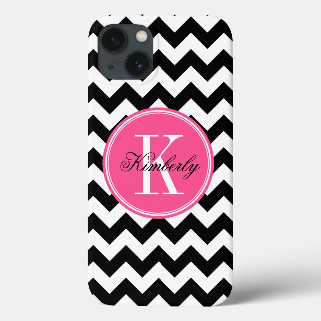 Funda De Case-Mate Para iPhone Chevron blanco y negro con el monograma rosado (Reverso)
