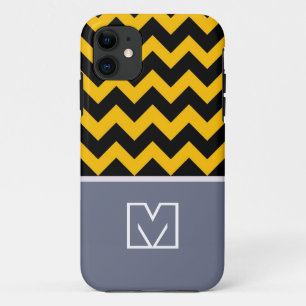 Funda Para iPhone 11 Chevron negro y amarillo Zigzag. Monograma persona