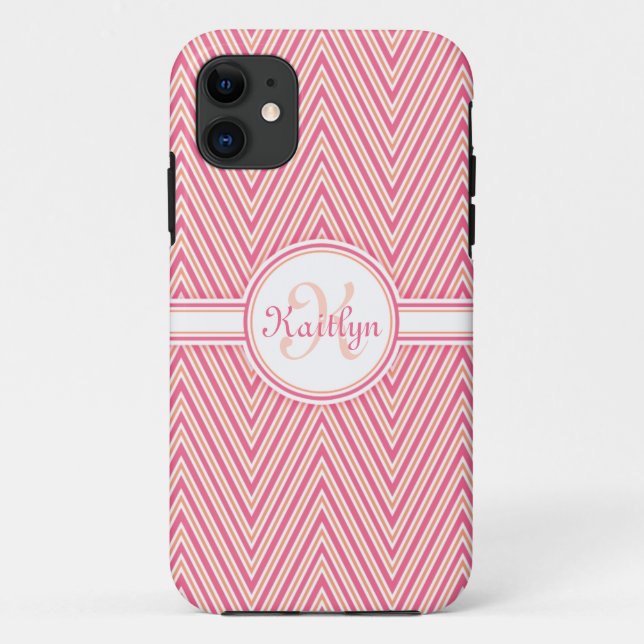 Funda De Case-Mate Para iPhone Chevron rosado con monograma (Reverso)