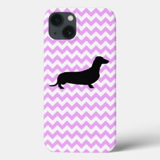 Funda Para iPhone 13 Chevron Rosado Con Silueta De Dachshund