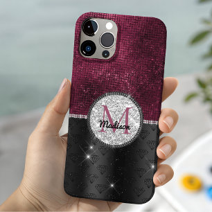 Funda Para iPhone 13 Chic falso brillo plateado burdeos negro monograma
