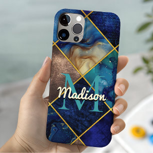 Funda Para iPhone 15 Chic femenino falso Brillo dorado azul geométrico