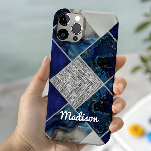 Funda Para iPhone 15 Chic femenino falso Brillo plateado azul geométric