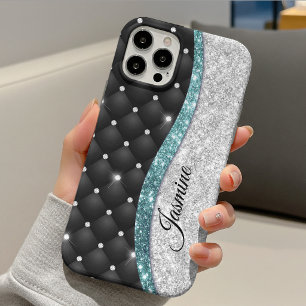 Funda Para iPhone 13 Chic femenino monograma falso brillo plateado negr