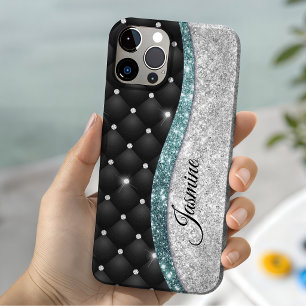 Funda Para iPhone 13 Chic femenino monograma falso brillo plateado negr