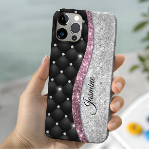 Funda Para iPhone 14 De Case-Mate Chic femenino monograma falso de brillo plateado n