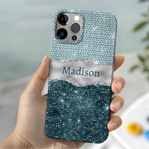 Funda Para iPhone 15 Chic femenino monograma verde menta brillo platead