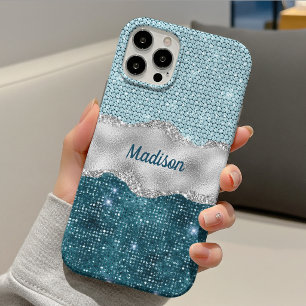 Funda Para iPhone 13 Chic femenino verde menta brillo monograma platead