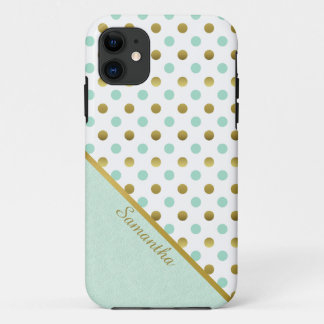 Funda Para iPhone 11 Chic Mint and Gold Polka Dots