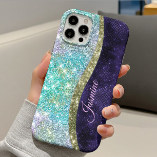 Funda Para iPhone 13 Chic monograma falso brillo iridiscente púrpura az