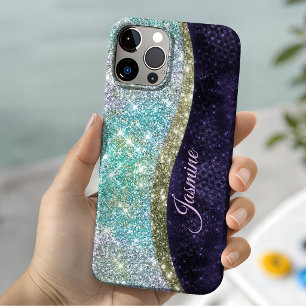 Funda Para iPhone 13 Chic monograma falso brillo iridiscente púrpura az