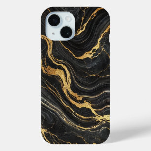 Funda Para iPhone 15 Chic Negro & Dorado con Aspecto de Mármol Glamour