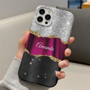 Funda Para iPhone 13 Chic purpurina plateada falsa monograma negro Fuch