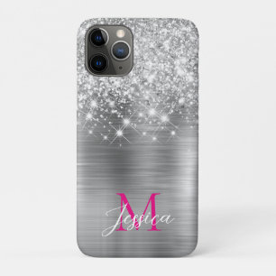 Funda Para iPhone 11 Pro Chic Silver Foil Faux Glitter Monograma rosa calie