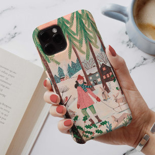 Funda Para iPhone 13 Chica Bonita en Columpio Rosa Verde Ilustrado 
