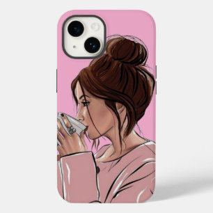 Funda Para iPhone 14 De Case-Mate Chica con moño despeinado chic bebiendo café Rosa 